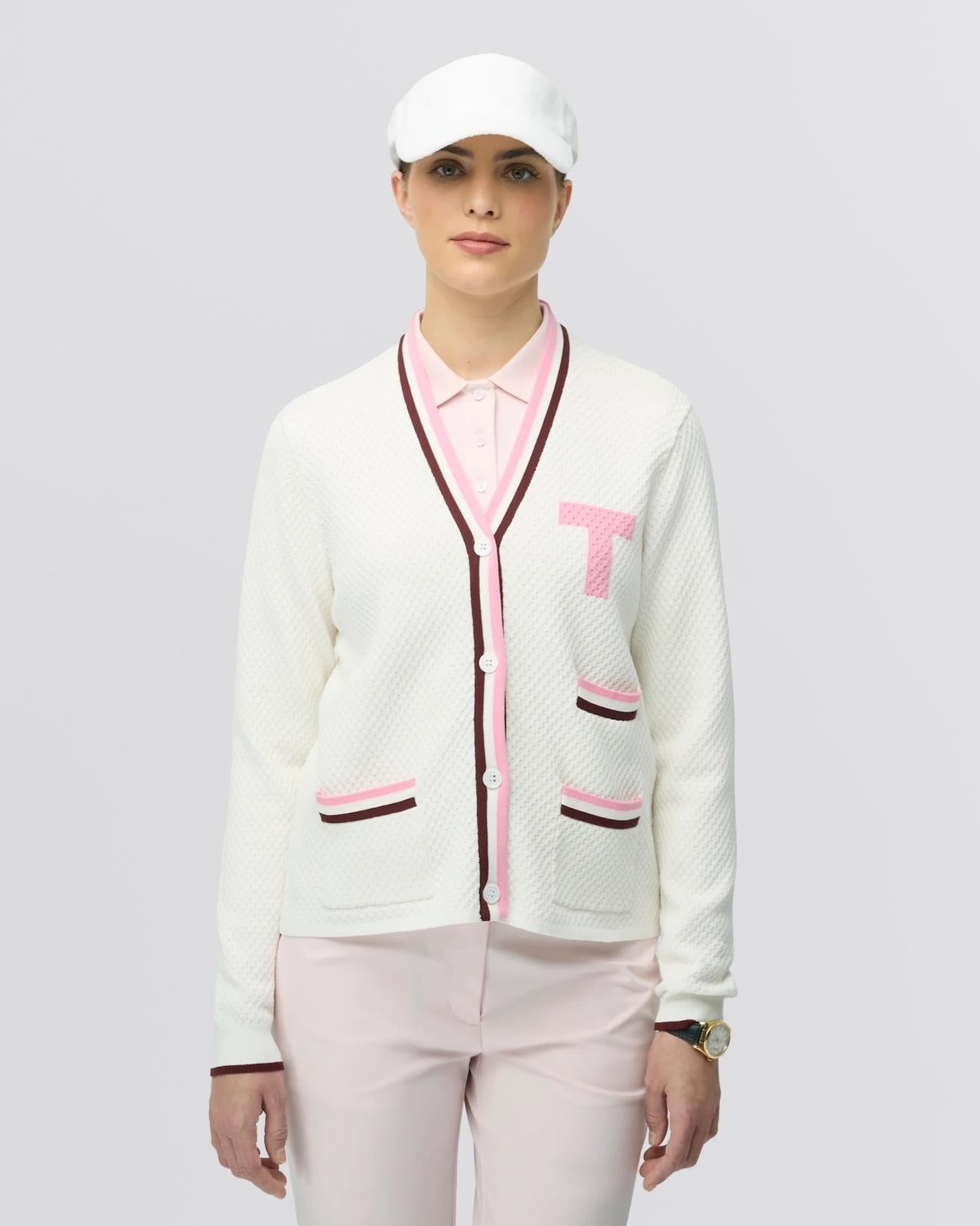 Womens T Cardigan White/Pink/Wine