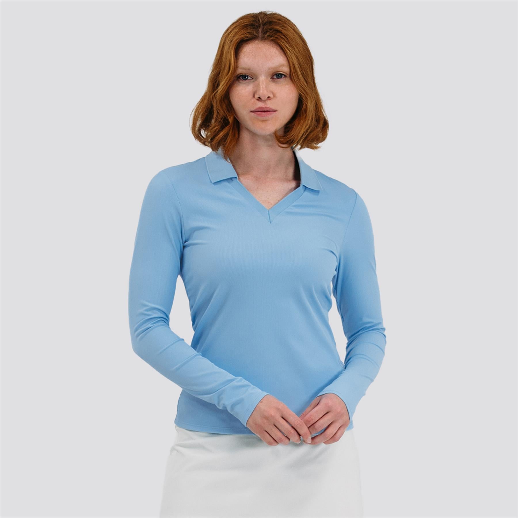 Womens Rib V-Neck LS Polo Light Blue