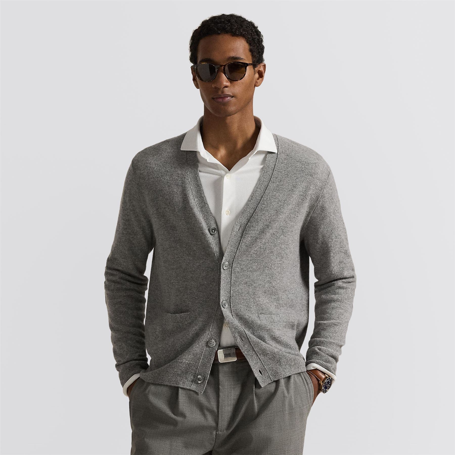 RLX Suede Patch Cashmere Cardigan Fawn Gray Heather