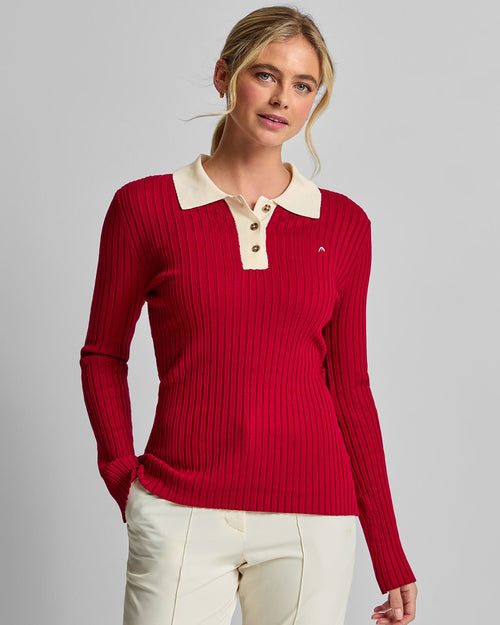 Womens Pointelle Rib Long Sleebe Knit Polo Red