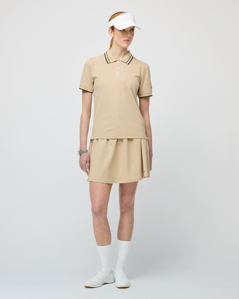 Womens Preppy Pique Puff Sleeve Polo Tan/Chocolate