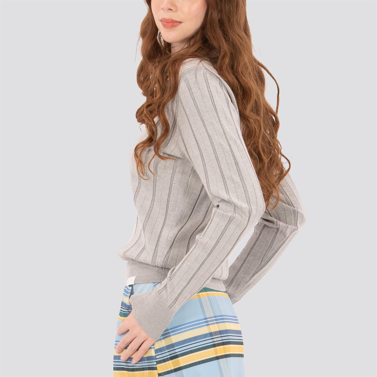 Womens LS Textured Knit Polo Marl Grey