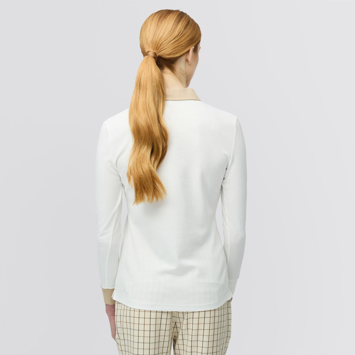 Womens Preppy Pique LS Stripe Placket Polo Off White