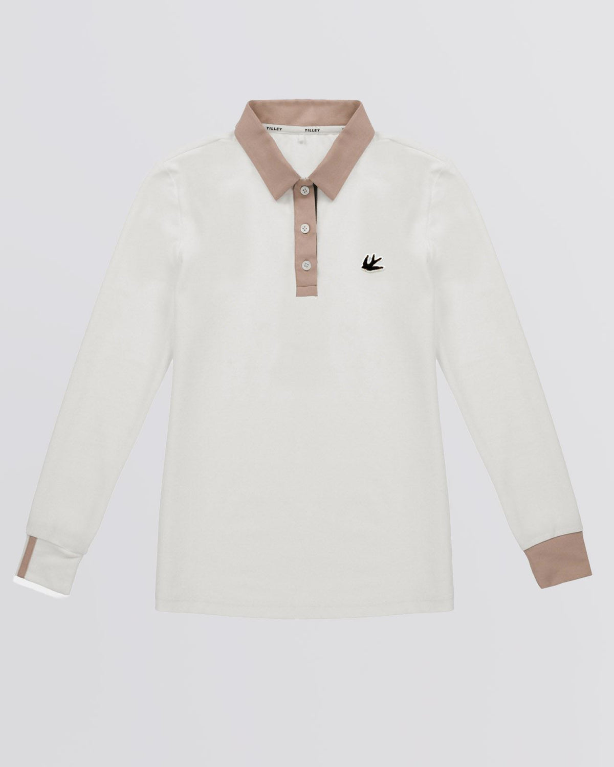 Womens Preppy Pique LS Stripe Placket Polo Off White