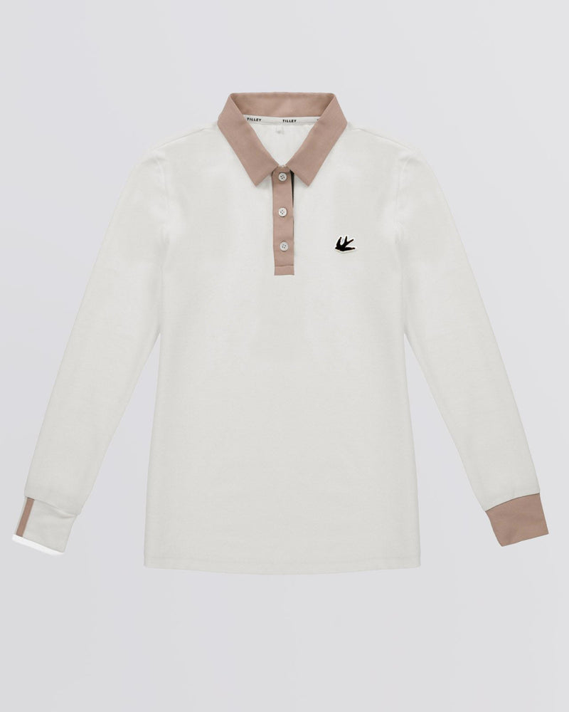 Womens Preppy Pique LS Stripe Placket Polo Off White