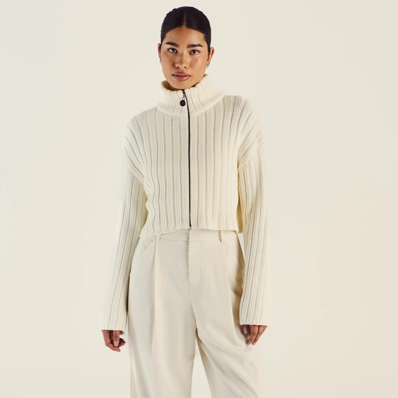 Womens Allegra Chunky Knit Zip Up Ivory