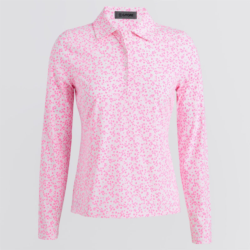 Womens Ditsy Floral Tech Jersey LS Polo Snow