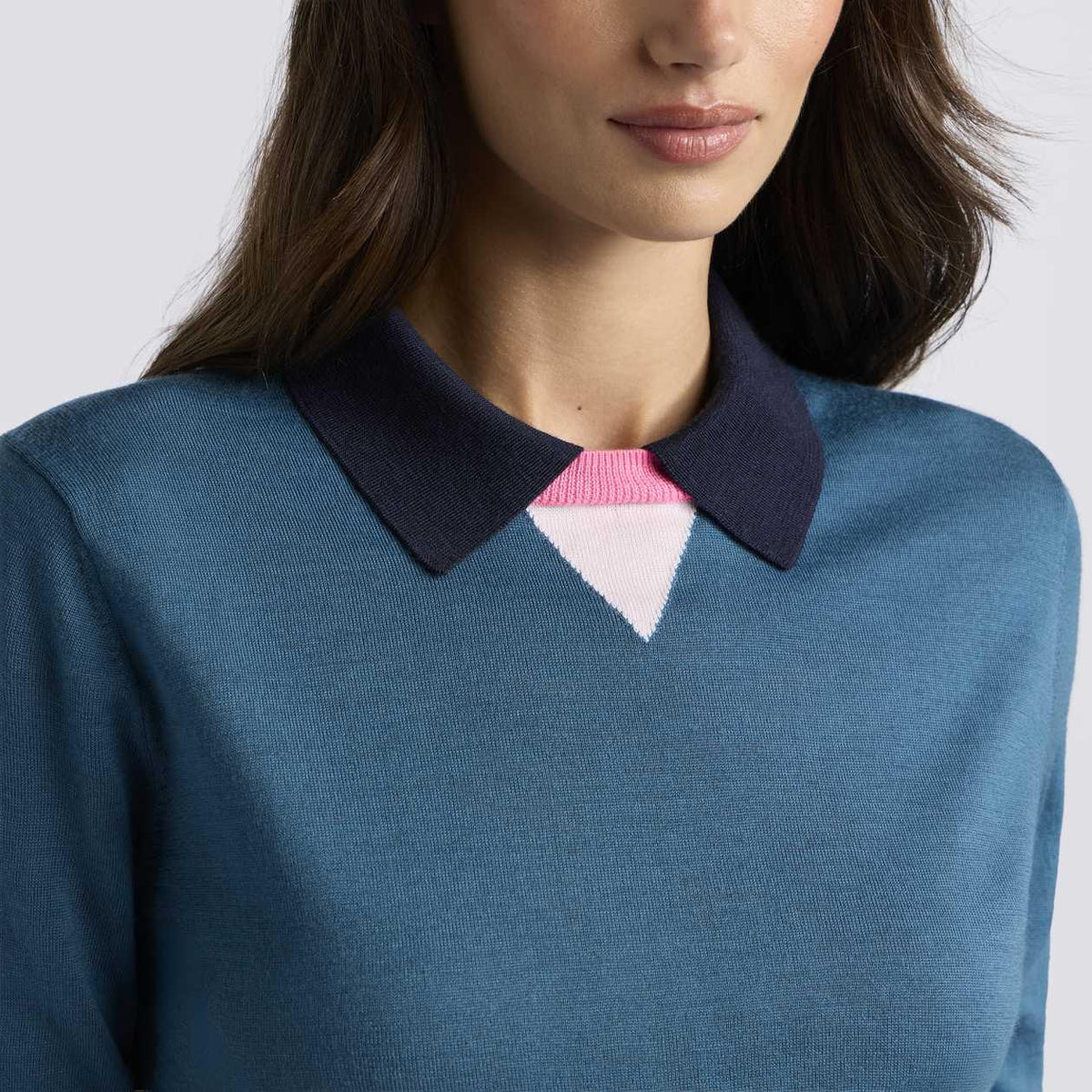 Womens Colour Block Merino Wool Sweater Marine Teal