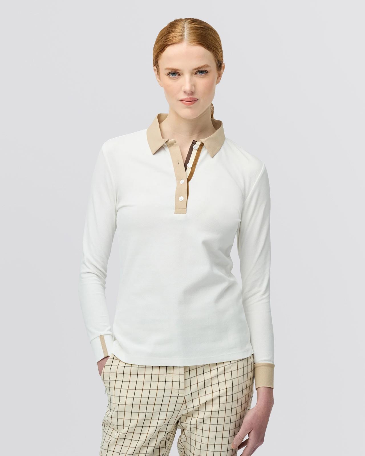 Womens Preppy Pique LS Stripe Placket Polo Off White