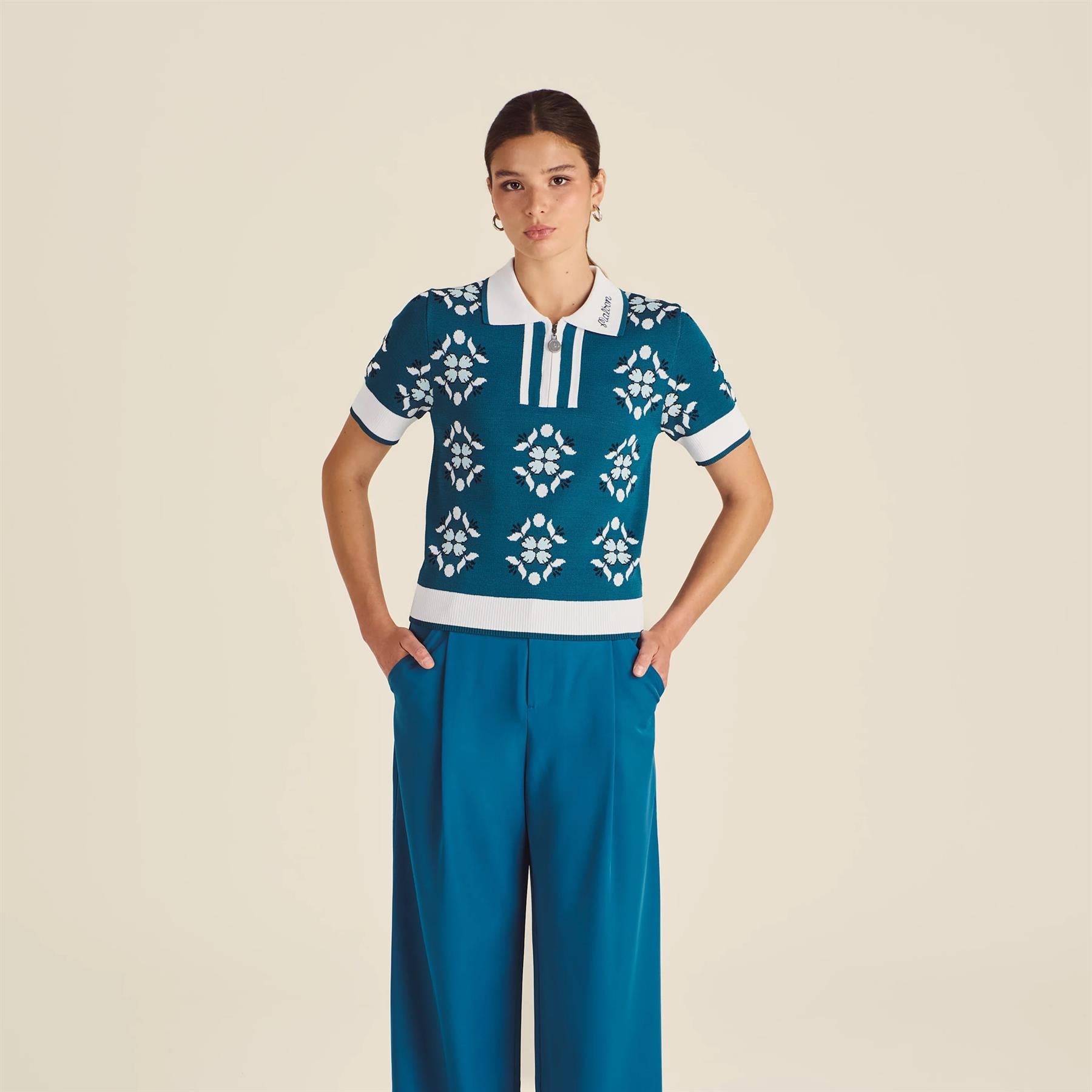 Malbon Golf Lucia Quarter Zip Polo Ocean Multi | TRENDYGOLF USA