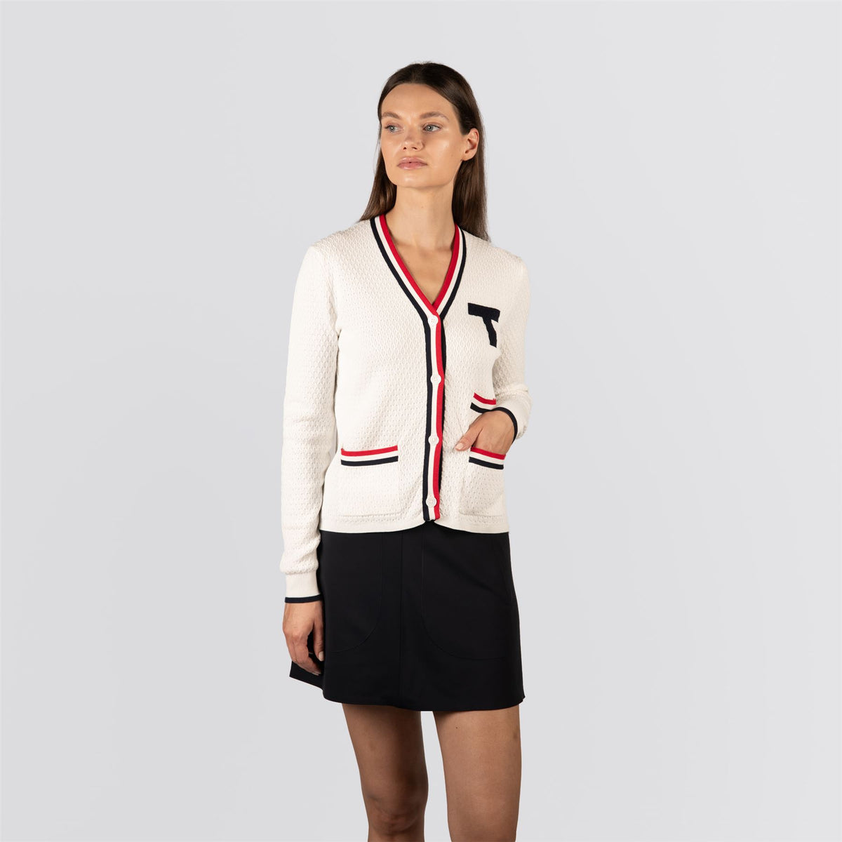 Womens T Cardigan White/Red/Blue