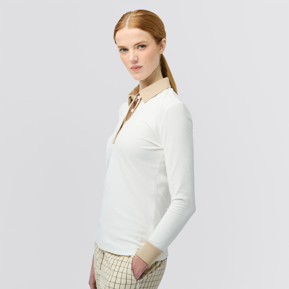 Womens Preppy Pique LS Stripe Placket Polo Off White