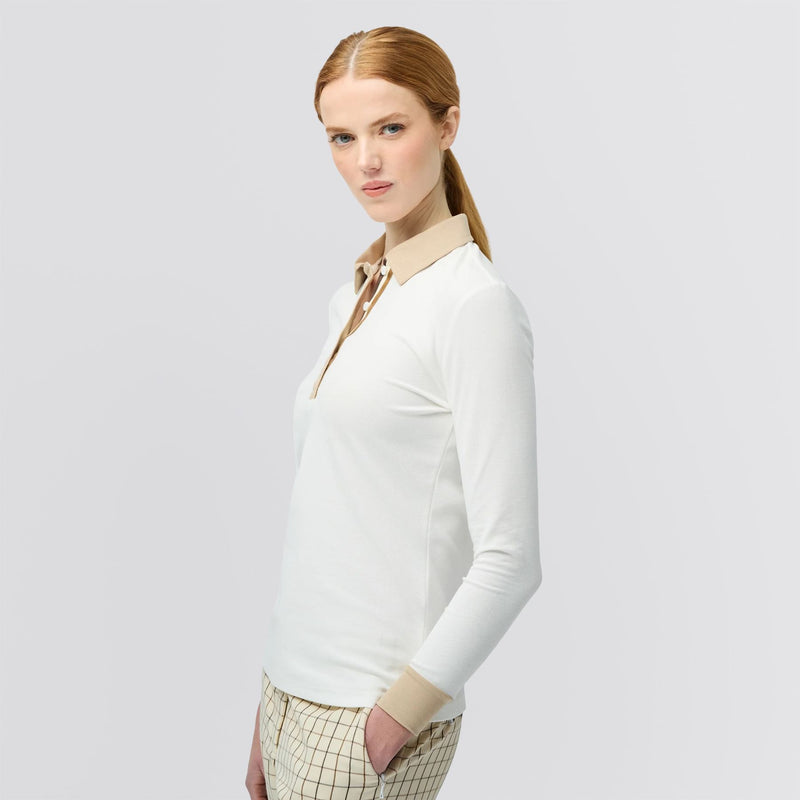 Womens Preppy Pique LS Stripe Placket Polo Off White