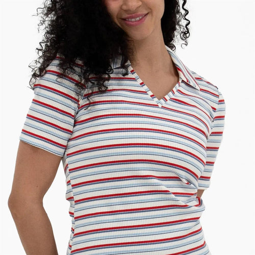 Womens V-Neck Multi Stripe Rib Polo Red/White/Blue