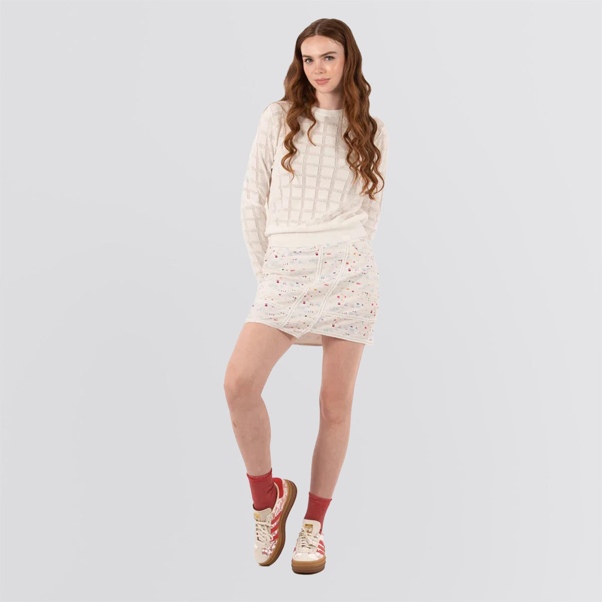 Womens Pointelle Crewneck Sweater White