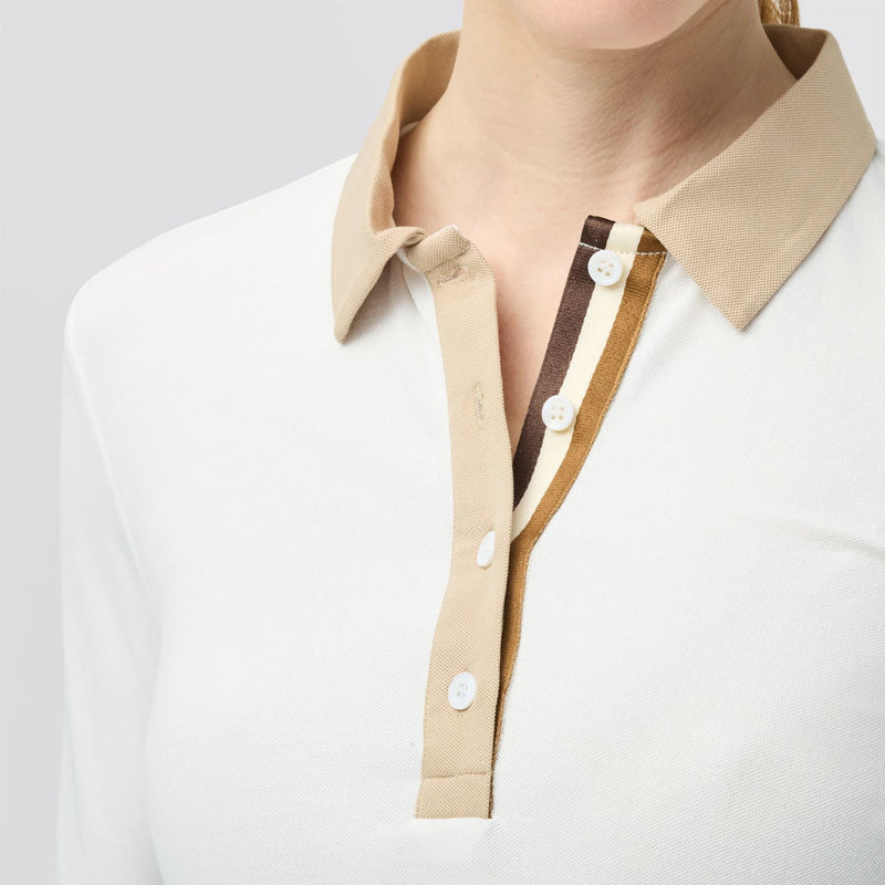 Womens Preppy Pique LS Stripe Placket Polo Off White