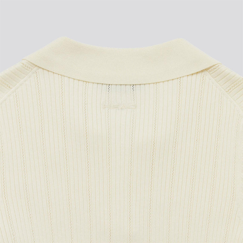 Womens V Neck Pointelle Knit Polo Cream