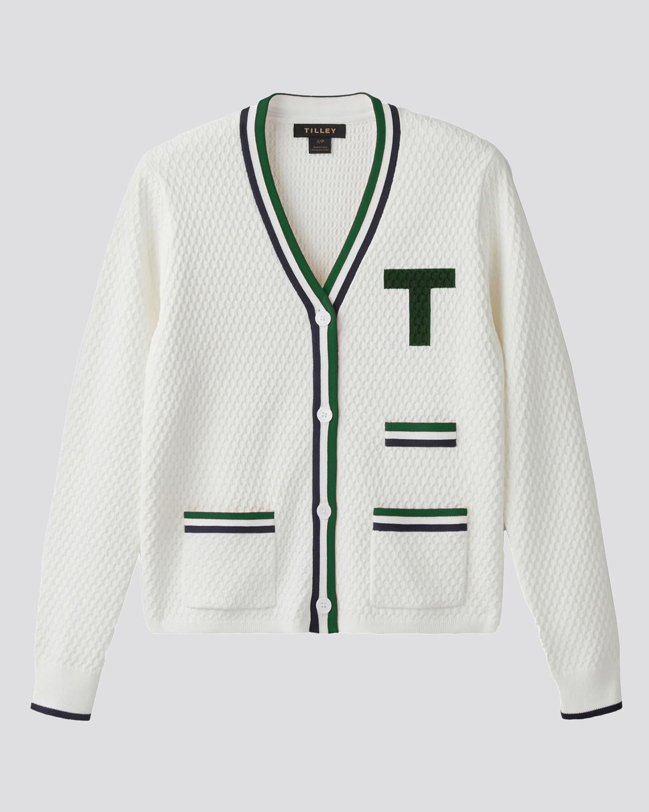 Womens T Cardigan White/Pine Green