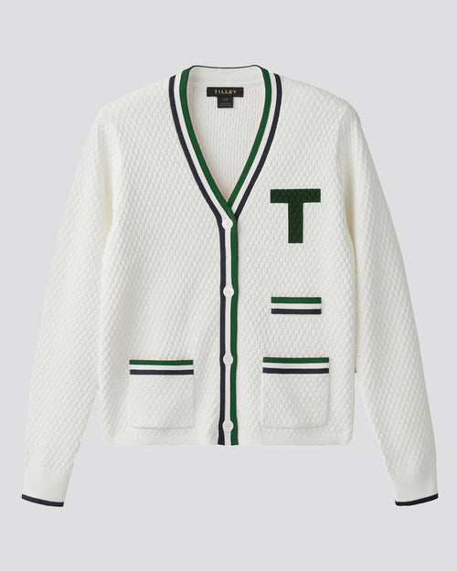 Womens T Cardigan White/Pine Green