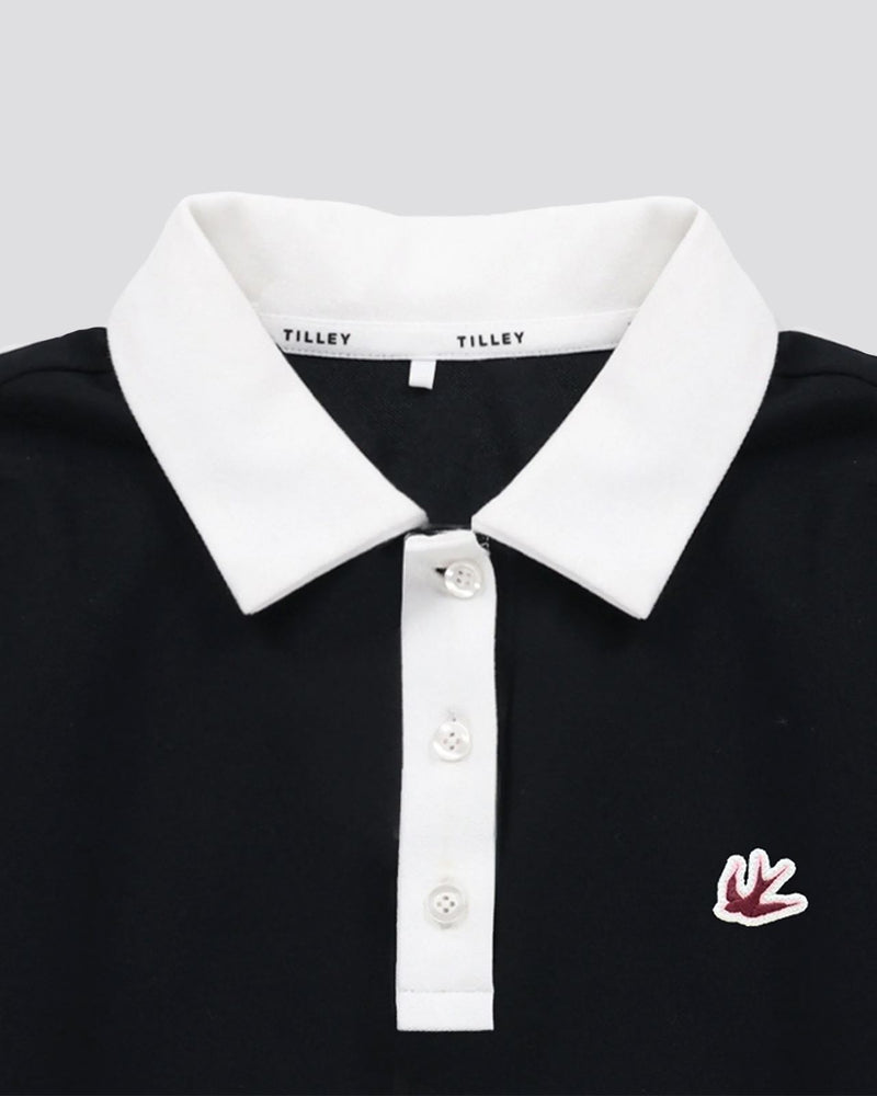 Womens Preppy Pique LS Stripe Placket Polo Black