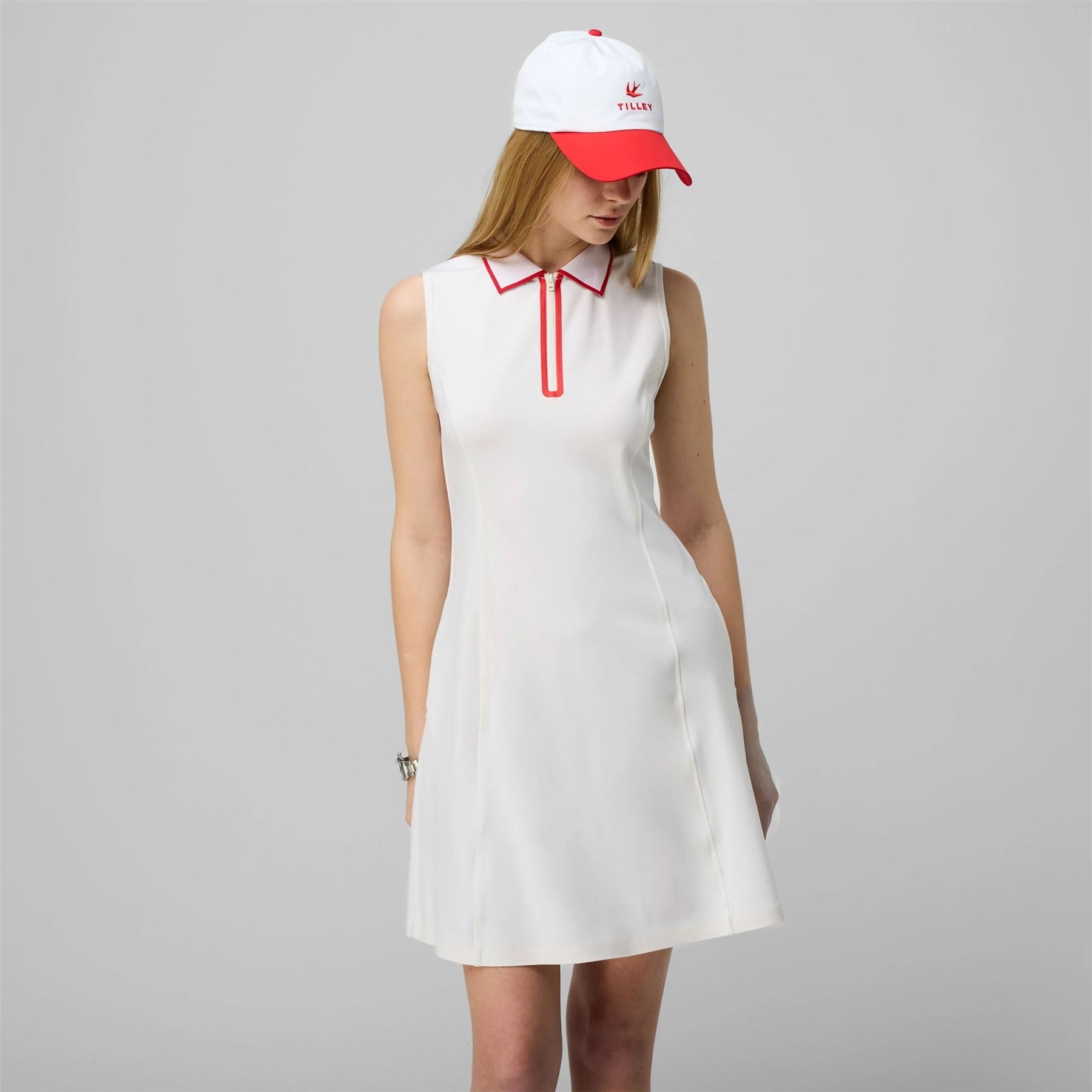 Womens Quarter Zip Polo Dress White/Sport Red