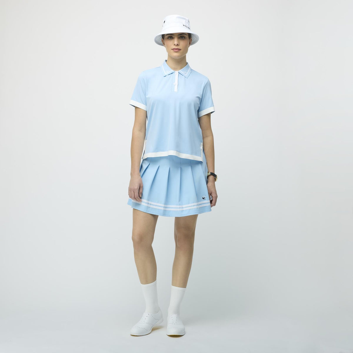 Womens Ribbon Pleated Skirt Powder Blue/White